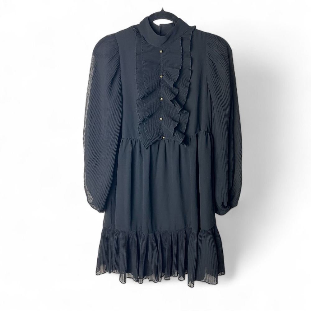 Zara Women’s Pleated‎ Plisse Ruffle Bib Mini Dress Balloon Sleeve Black - Sz. XS